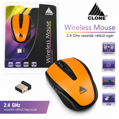 Clone Vezeték Nélküli Egér – Sárga | 2.4GHz, Nano USB